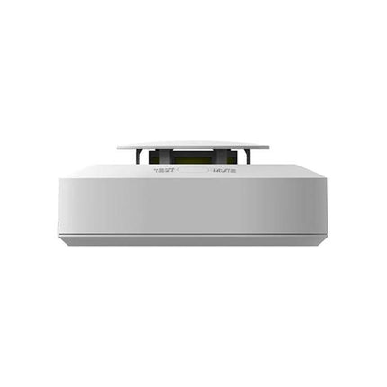 Wireless Smart Smoke Alarm with Voice Alerts for Home Safety white ceiling-mounted smoke detector showing front view and voice alert speaker