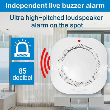 Wireless Smart Smoke Alarm with Voice Alerts for Home Safety shown installed in modern living room, 85 dB ultra high‑pitched loudspeaker and voice alert