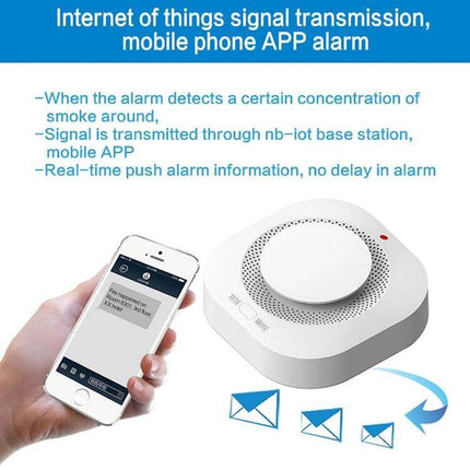 Wireless Smart Smoke Alarm with Voice Alerts for Home Safety showing device and mobile app notification for internet of things signal transmission