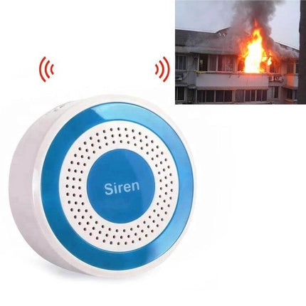 Wireless Indoor Alarm Siren with Strobe for Home Security - blue wireless siren device with strobe icon and apartment fire example