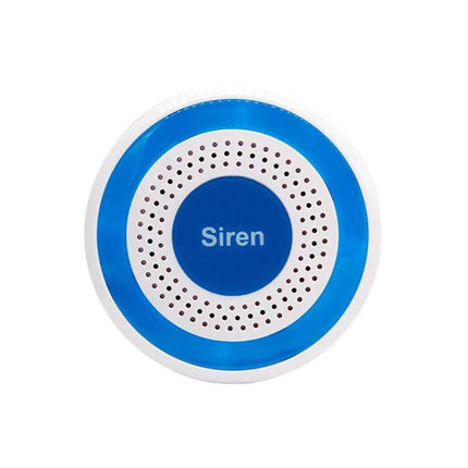 Wireless Indoor Alarm Siren with Strobe for Home Security - white and blue circular indoor siren with speaker holes and strobe ring