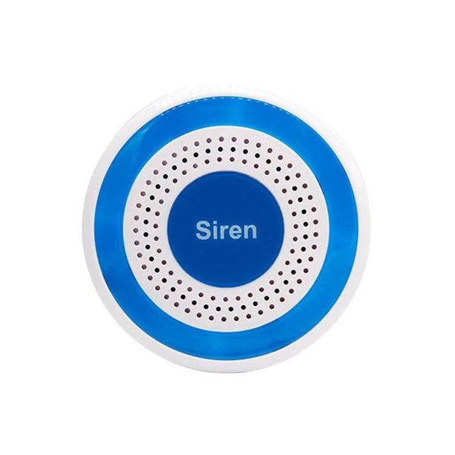 Wireless Indoor Alarm Siren with Strobe for Home Security - white and blue circular indoor siren with speaker holes and strobe ring