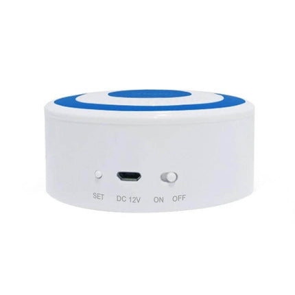 Wireless Indoor Alarm Siren with Strobe for Home Security — compact white wireless siren with blue strobe top and DC 12V port