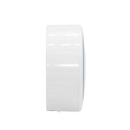 Wireless Indoor Alarm Siren with Strobe for Home Security white round indoor siren with strobe and voice alert, side view
