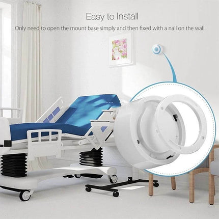 Wireless Indoor Alarm Siren with Strobe for Home Security wall-mounted white siren with flashing strobe shown in a modern bedroom setting