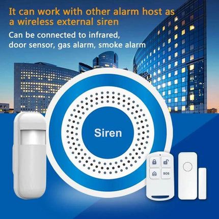 Wireless Indoor Alarm Siren with Strobe for Home Security — compact wireless siren with strobe, motion sensor and remote for apartments and small homes