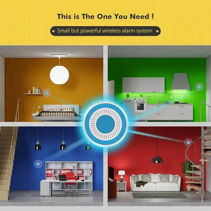 Wireless Indoor Alarm Siren with Strobe for Home Security mounted centrally in multiroom home scene with flashing strobe and voice alert