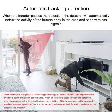 Wireless PIR Motion Detector for Home Security Monitoring mounted in living room showing detection of intruders near sliding door and cabinet