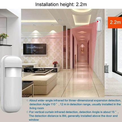 Wireless PIR Motion Detector for Home Security Monitoring mounted at 2.2m in hallway showing 110° wide-angle detection covering corridor