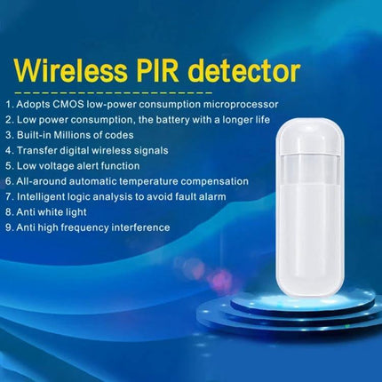 Wireless PIR Motion Detector for Home Security Monitoring white wireless PIR sensor on blue background showing features and compact design