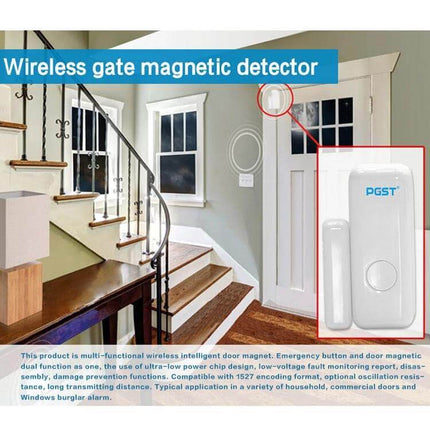 Wireless Door and Window Sensor with Emergency Button for Security mounted beside front door showing magnetic detector and emergency button