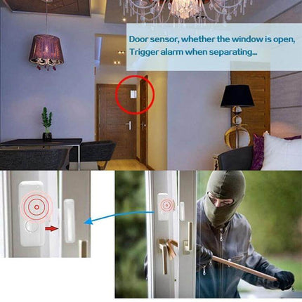 Wireless Door and Window Sensor with Emergency Button for Security mounted on door and window showing magnetic detection and emergency button for home intrusion alerts