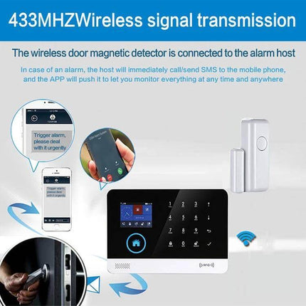 Wireless Door and Window Sensor with Emergency Button for Security white magnetic sensor and alarm panel showing 433MHz wireless signal transmission