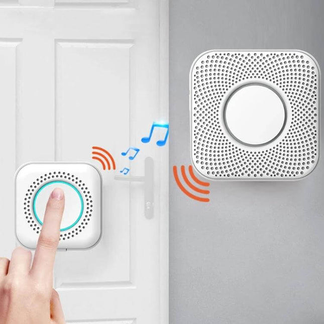 Wireless Doorbell with Multiple Ringtones and EU Plug Adapter on white door - finger pressing button, wall receiver playing melody