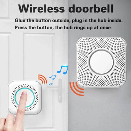 Wireless Doorbell with Multiple Ringtones and EU Plug Adapter showing button on door and indoor chime speaker