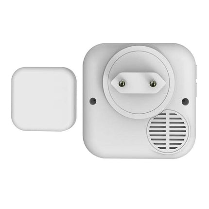 Wireless Doorbell with Multiple Ringtones and EU Plug Adapter shown from rear with EU plug prongs and chime speaker