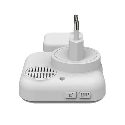 Wireless Doorbell with Multiple Ringtones and EU Plug Adapter showing white receiver with EU plug, speaker grille and volume/ringtone buttons