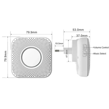 Wireless Doorbell with Multiple Ringtones and EU Plug Adapter showing front and side dimensions, volume control and music select buttons