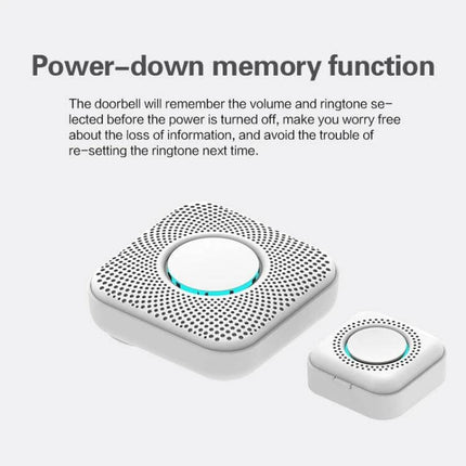 Wireless Doorbell with Multiple Ringtones and EU Plug Adapter showing indoor chime unit and push button with power-down memory function