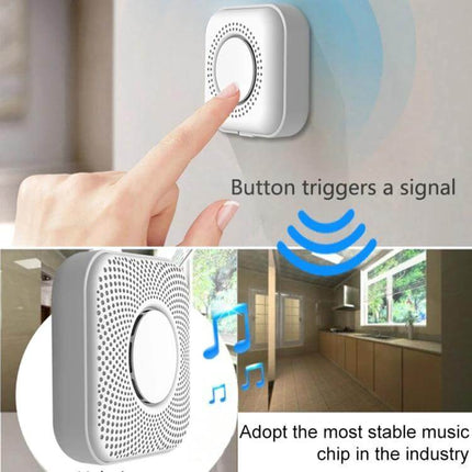 Wireless Doorbell with Multiple Ringtones and EU Plug Adapter mounted on wall being pressed, showing sound waves and ringtone icons