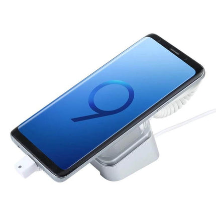 Anti-Theft Display Stand for Mobile Phones with Remote Control and Type-C Compatibility showing a smartphone on a secure retail demo stand
