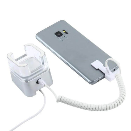 Anti-Theft Display Stand for Mobile Phones with Remote Control and Type-C Compatibility securing silver smartphone on retail display