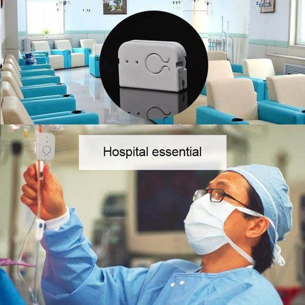Hospital Infusion Reminder Alarm Sensor for Patient Monitoring attached to IV tubing in clinical setting alerting staff