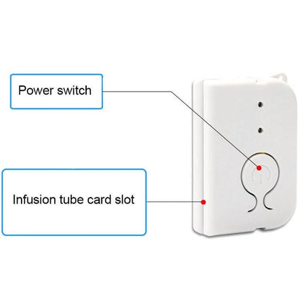 Hospital Infusion Reminder Alarm Sensor for Patient Monitoring white wall-mount unit showing power switch and infusion tube card slot