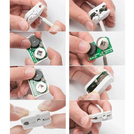 Hospital Infusion Reminder Alarm Sensor for Patient Monitoring showing hands assembling and internal circuit components of the compact alarm device