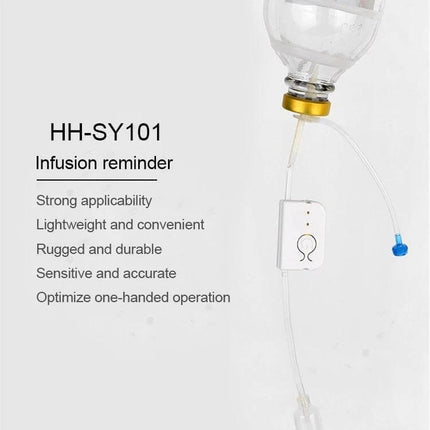 Hospital Infusion Reminder Alarm Sensor for Patient Monitoring attached to IV tubing beside infusion bottle showing compact alarm device