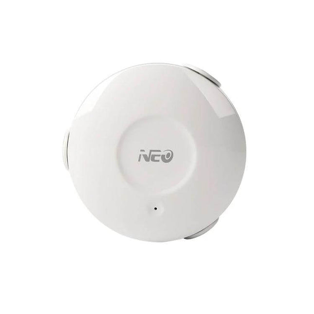 NEO WiFi Water Leak Detector with Smartphone Alerts white round sensor for under-sink, basement leak detection with app notifications