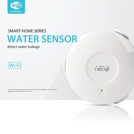 NEO WiFi Water Leak Detector with Smartphone Alerts placed near pipes to detect moisture and send instant smartphone notifications