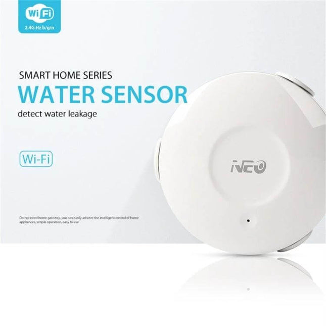 NEO WiFi Water Leak Detector with Smartphone Alerts placed near pipes to detect moisture and send instant smartphone notifications