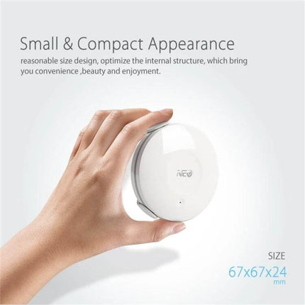 NEO WiFi Water Leak Detector with Smartphone Alerts small compact sensor held in hand for pipes sinks basements, 67x67x24mm