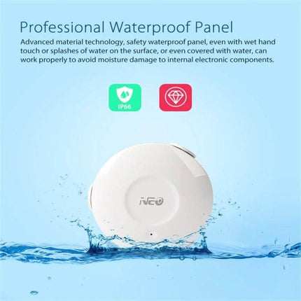 NEO WiFi Water Leak Detector with Smartphone Alerts waterproof round sensor pictured with IP66 icon and splash to show waterproof panel