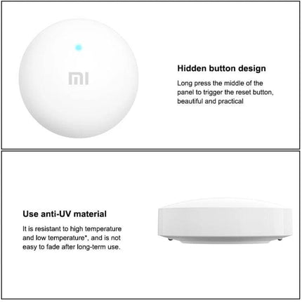 Xiaomi Smart Wireless Water Leak Detector for Home Safety placed on floor showing hidden button design and anti-UV material