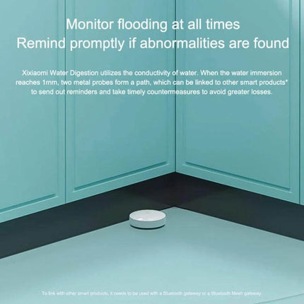 Xiaomi Smart Wireless Water Leak Detector for Home Safety placed on floor near cabinet to monitor leaks and send mobile alerts