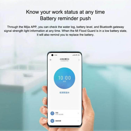 Xiaomi Smart Wireless Water Leak Detector for Home Safety showing mobile app battery reminder and status screen