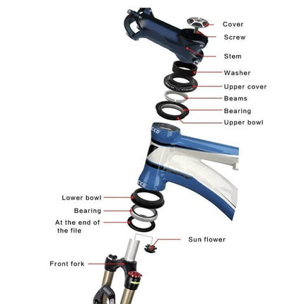 MEROCA Bearing Bowl 44mm Built-In Straight-Tube For Everyday Home Use exploded diagram showing bearings, upper bowl, lower bowl, washer, stem, and front fork