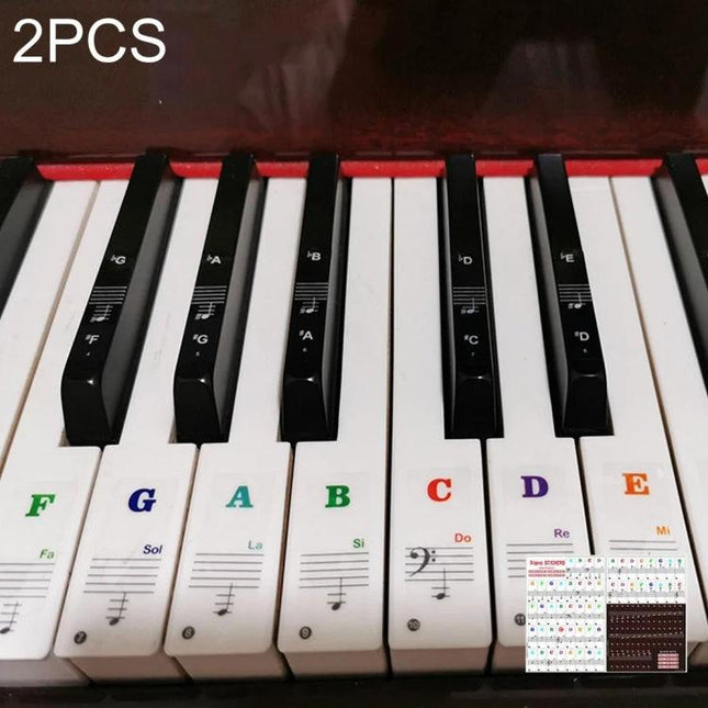 Helpful Transparent Stickers for Home Piano Learning Sessions on white piano keys with labeled notes F G A B C D E for beginners