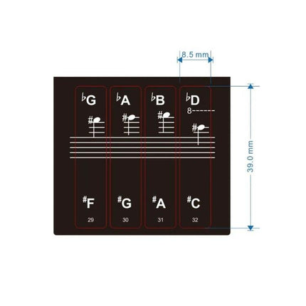 Helpful Transparent Stickers for Home Piano Learning Sessions - clear piano key note labels showing G A B D F G A C with staff markings