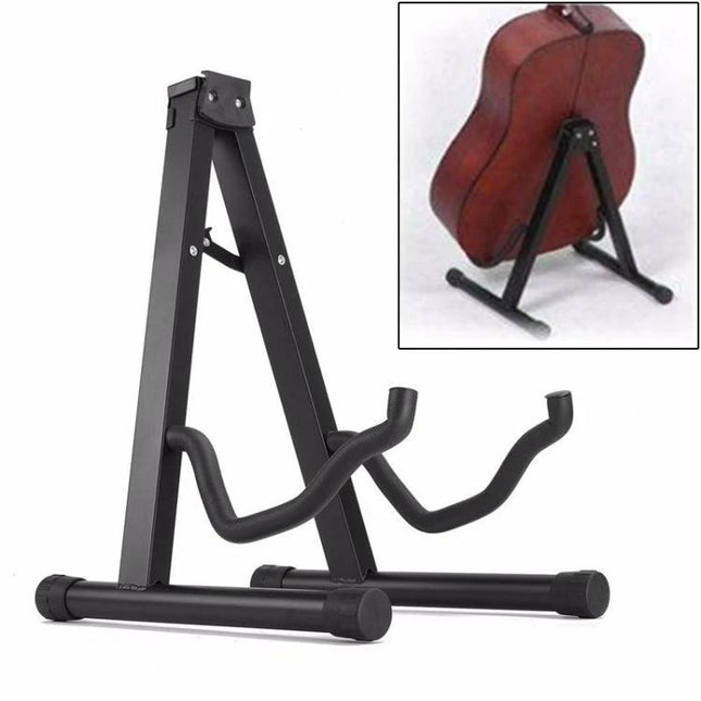 Universal Foldable Stand for Guitars in Daily Practice - compact black A-frame guitar stand for home practice, foldable and secure