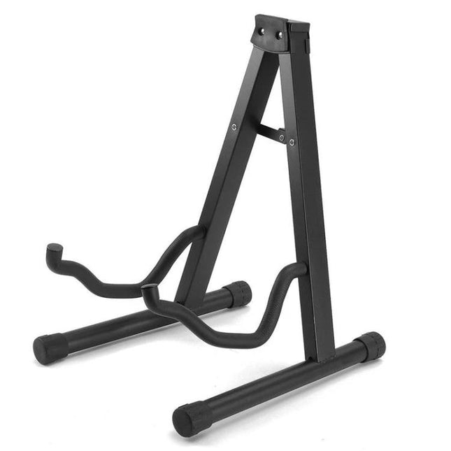 Universal Foldable Stand for Guitars in Daily Practice - black foldable A-frame guitar stand holding instruments securely for home practice
