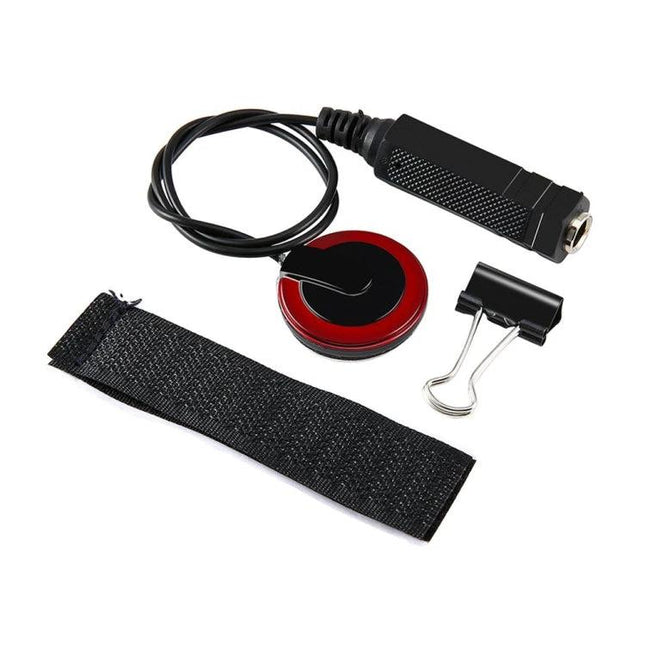 Pasteable Sound Pickup for Everyday Guitar Sessions — red paste-on pickup with cable, 1/4" jack adapter and strap for easy acoustic amplification