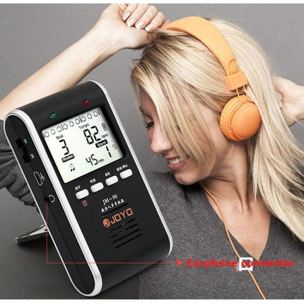 JOYO Metronome for Daily Music Practice with Instruments compact digital metronome showing tempo, beat indicators, and earphone connector