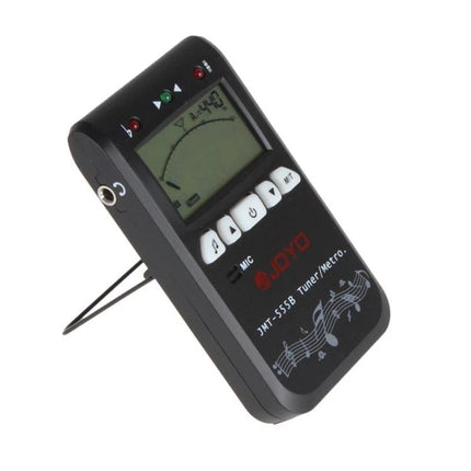 JOYO Metronome Tuner for Daily Music Practice Sessions compact black tuner with LCD, buttons and fold-out stand for tempo and pitch control