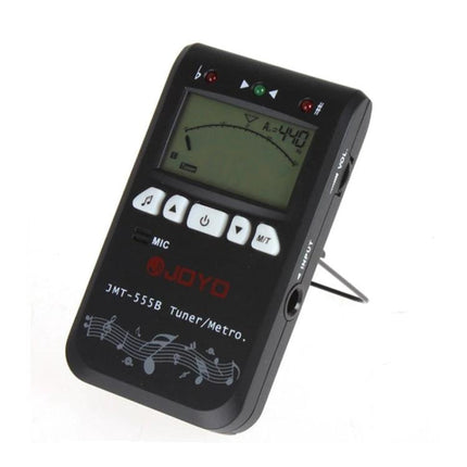 JOYO Metronome Tuner for Daily Music Practice Sessions - compact black tuner with LCD, buttons and fold-out stand for tempo and pitch