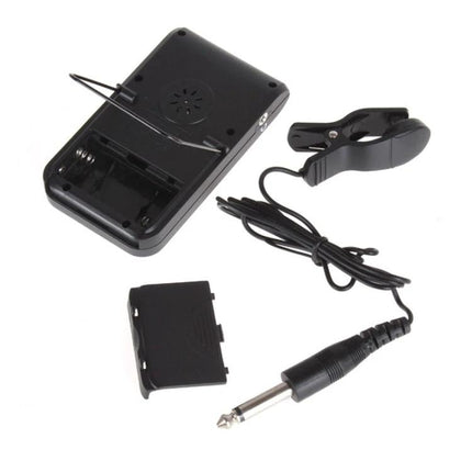JOYO Metronome Tuner for Daily Music Practice Sessions compact black tuner with clip, battery cover and 1/4" jack for portable rhythm and tuning