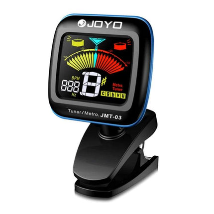 JOYO Clip-On Tuner for Everyday Music Practice Sessions - clip-on chromatic tuner on guitar headstock with colorful LCD display