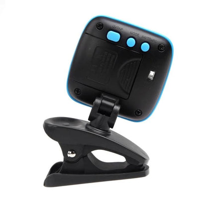 JOYO Clip-On Tuner for Everyday Music Practice Sessions attached to a guitar headstock with clip and display visible